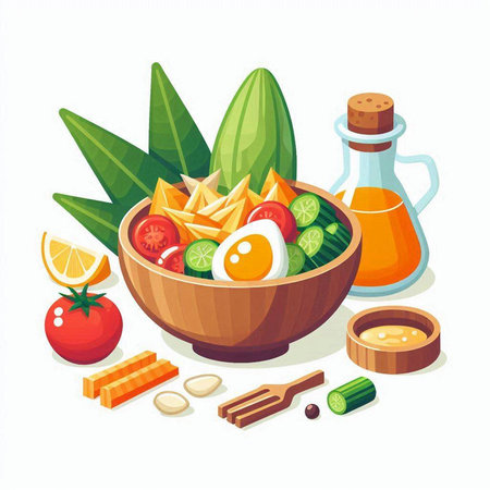 Salad ingredients in wooden bowl. Vector illustration on white background.のイラスト素材