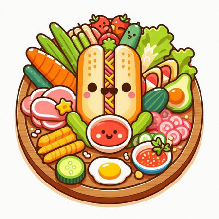 Illustration of a cute kawaii hot dog on a wooden plateのイラスト素材