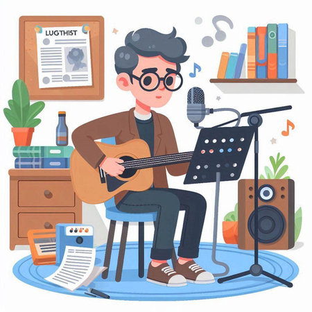 Man playing guitar and singing at home. Vector illustration in cartoon styleのイラスト素材