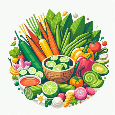 Vegetables and fruits round composition. Healthy food vector illustration.のイラスト素材