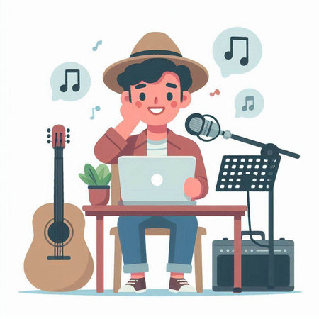 Man in hat sitting at the table with laptop and playing guitar. Vector illustrationのイラスト素材