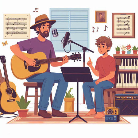 Man and boy playing guitar and singing at home, cartoon vector illustrationのイラスト素材