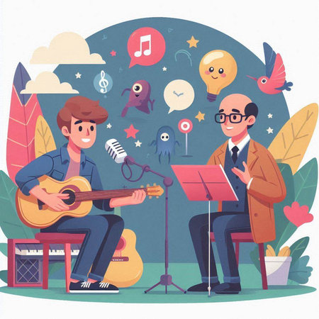 Music concert flat vector illustration. Cartoon man and woman sitting at the stage with guitar, singing and playing music. Musician performing on stage.のイラスト素材