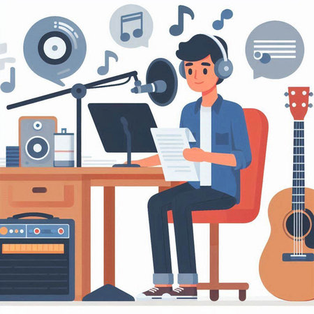Young man in headphones listening to music at home, flat vector illustration.のイラスト素材