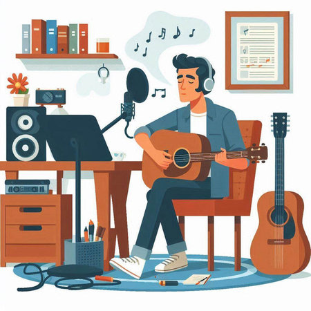 Man in headphones playing guitar at home. Flat style vector illustration.のイラスト素材
