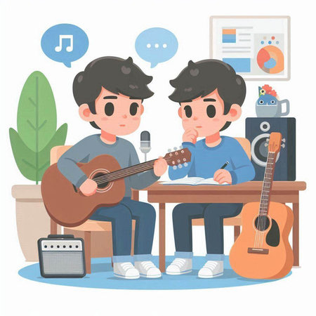 Young man playing guitar and singing to his friend. Vector illustration.のイラスト素材