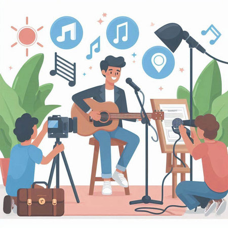Live music concept. Man playing guitar and singing into microphone. Vector illustrationのイラスト素材