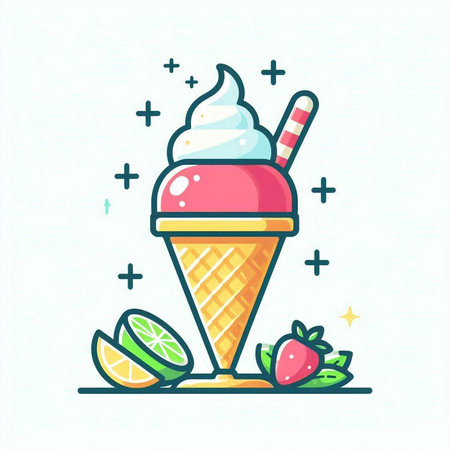 Ice cream icon in flat line style. Ice cream cone with strawberry, mint and ice cream on white background. Vector illustration.のイラスト素材
