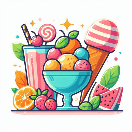 Ice cream with fruits and berries. Vector illustration in cartoon style.のイラスト素材