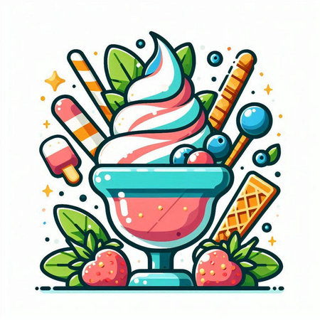 Ice cream vector illustration. Ice cream scoops in bowl with berries, ice cream sticks and mint leaves.のイラスト素材