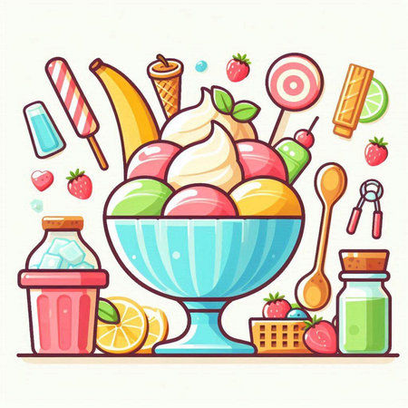 Ice cream in a glass bowl. Vector illustration in cartoon style.のイラスト素材