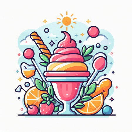 Colorful ice cream vector illustration in flat line style. Summer dessert.のイラスト素材