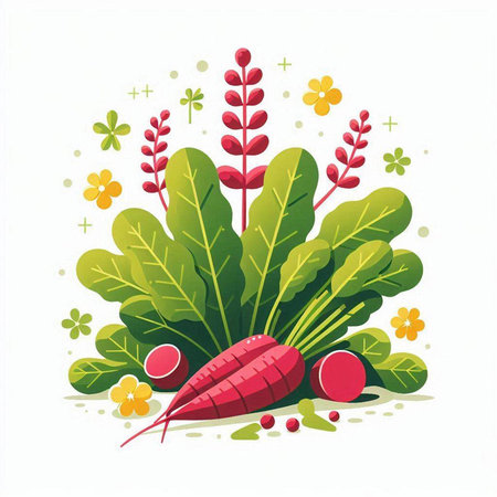 Illustration of radish with leaves and flowers. Vector illustration.のイラスト素材
