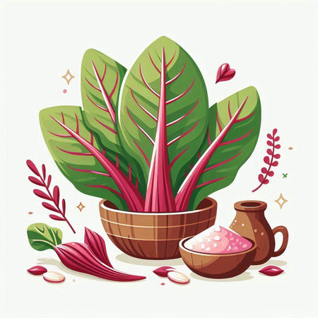 Bunch of chard leaves and spices in a bowl. Vector illustration.のイラスト素材