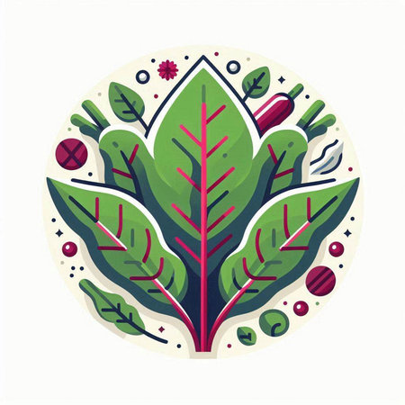 Vector illustration of red and green leaves in round shape. Colorful flat design.のイラスト素材
