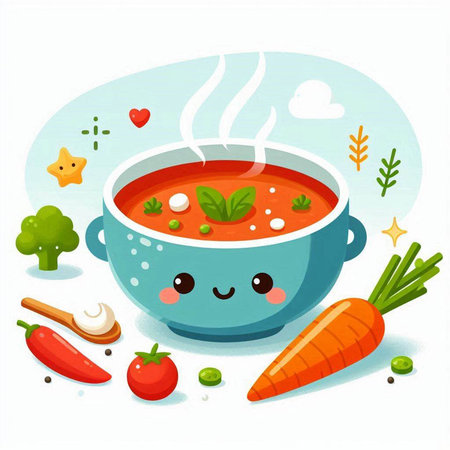 Cartoon vector illustration of a bowl of tomato soup with fresh vegetablesのイラスト素材