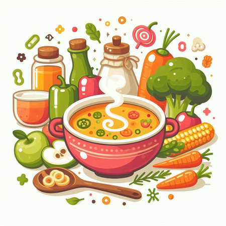 Vegetable soup with ingredients. Healthy food. Vector illustration.のイラスト素材