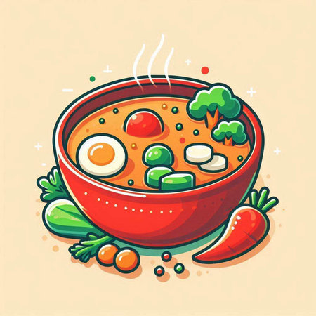 Vector illustration of a bowl of soup with vegetables and eggs. Vector illustration.のイラスト素材