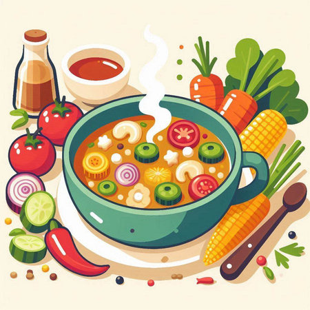 Vegetable soup in a bowl with vegetables and spices. Vector illustration.のイラスト素材