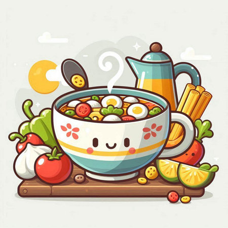 Cartoon vector illustration of bowl of cereals and ingredients for breakfastのイラスト素材