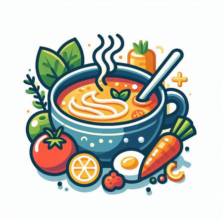 Illustration of a bowl of soup with vegetables and spices. Vector illustration.のイラスト素材