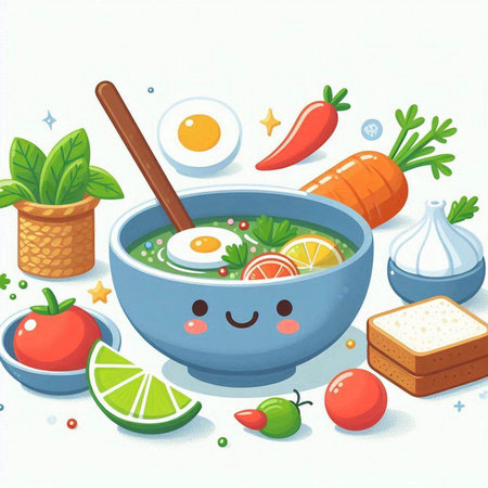 Cartoon vector illustration of bowl of healthy breakfast with eggs and vegetablesのイラスト素材