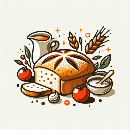 Vector illustration of bread, milk, and vegetables. Hand drawn style.のイラスト素材
