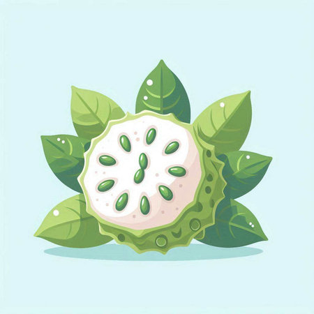 Custard apple with green leaves on blue background. Vector illustration.のイラスト素材