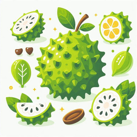 Set of vector illustrations of whole and half of durian, green leaves and seeds.のイラスト素材