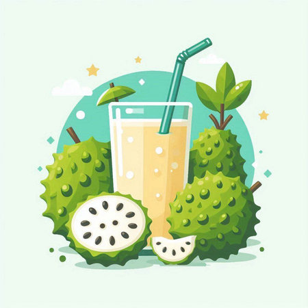 Vector illustration of a glass of fresh smoothie with durian fruit.のイラスト素材