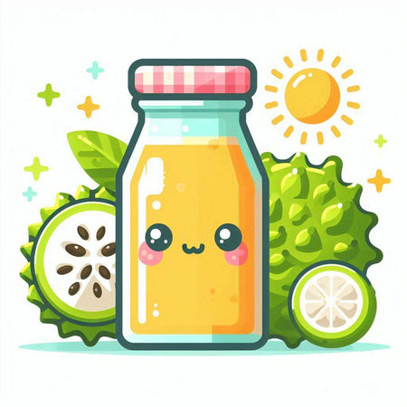 Cute kawaii kawaii fresh fruit juice in a glass bottle. Vector illustration.のイラスト素材