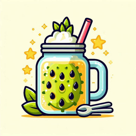 Watermelon smoothie in a mason jar with spoon, fork and leaves. Flat style vector illustration.のイラスト素材
