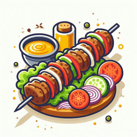 Shish kebab on skewers with vegetables. Vector illustration.のイラスト素材