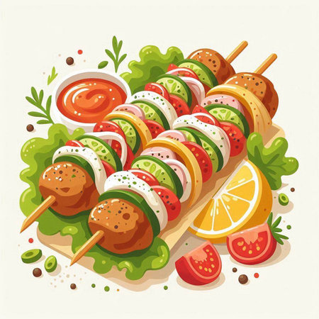 Shish kebab with vegetables on skewers. Vector illustrationのイラスト素材