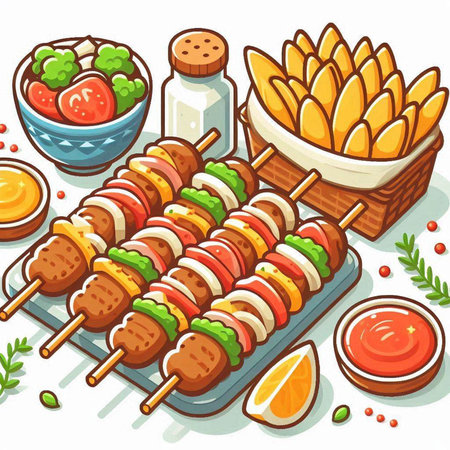 Shish kebab with vegetables and sauce. Vector illustration.のイラスト素材