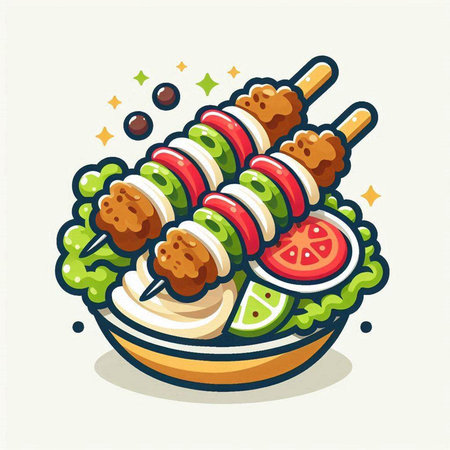 Shish kebab with vegetables on plate, vector illustration.のイラスト素材