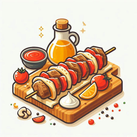 Shish kebab on wooden cutting board. Vector illustration.のイラスト素材