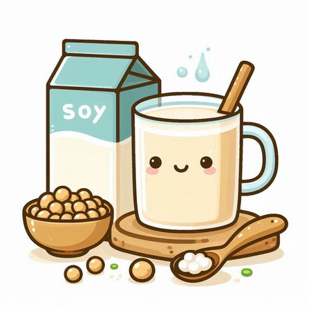 Cute cartoon soy milk with spoon and bowl of beans. Vector illustration.のイラスト素材