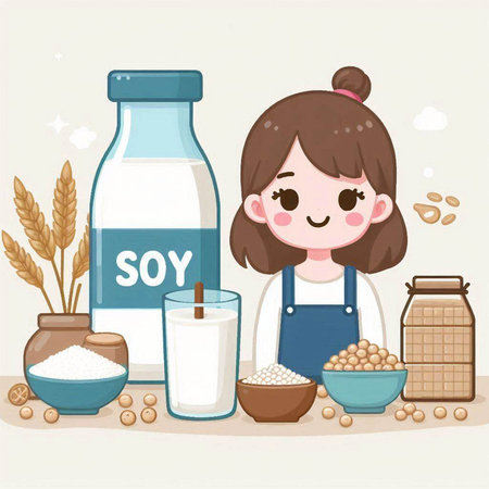 Illustration of a Kid Girl Holding a Bottle of Milk and a Bowl of Cerealsのイラスト素材