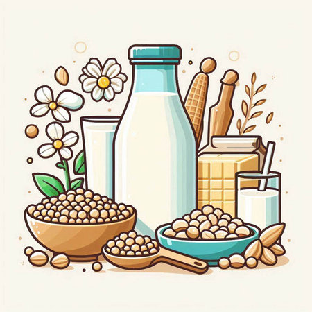Soy milk in a glass bottle, soy beans in a bowl, wooden spoon, scoop with scoop, bowl with oat flakes and chamomile flowers. Vector illustration.のイラスト素材