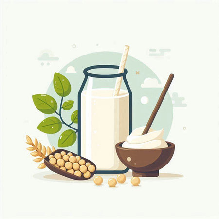 Milk in a glass jar and soybeans. Vector illustration.のイラスト素材