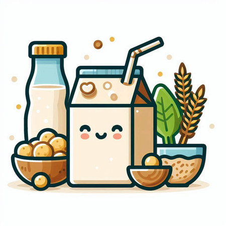 Milk in a glass bottle with a straw and a bowl of nuts. Vector illustration.のイラスト素材