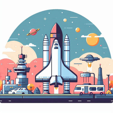 Space travel concept. Vector illustration in flat style with rocket, spaceship, flying saucerのイラスト素材