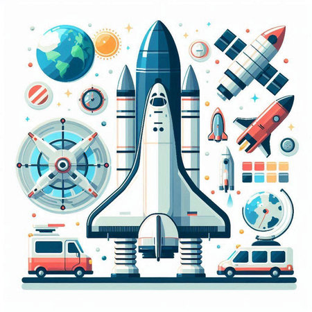 Space shuttle and rockets. Vector illustration in flat style on white background.のイラスト素材