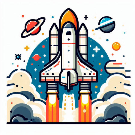 Space rocket in outer space. Flat vector illustration on white background.のイラスト素材