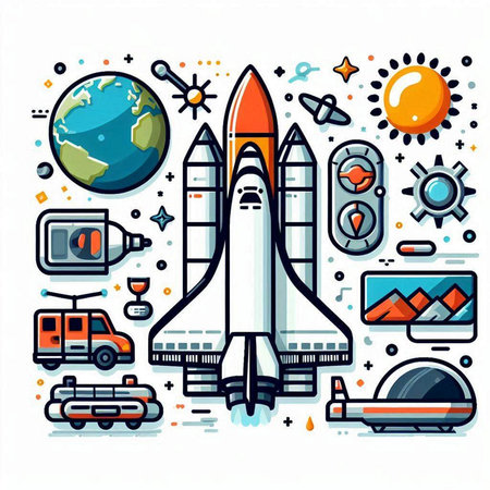 Space travel concept. Thin line flat design. Vector illustration of rocket, shuttle, satellite, planet and other elements.のイラスト素材