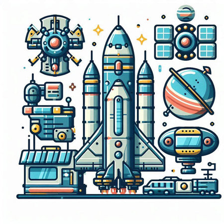 Space station, rocket, spaceship and other elements. Vector illustration.のイラスト素材