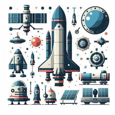 Space station, rocket, spaceship, shuttle, spaceship, satellite, astronaut. Vector illustrationのイラスト素材