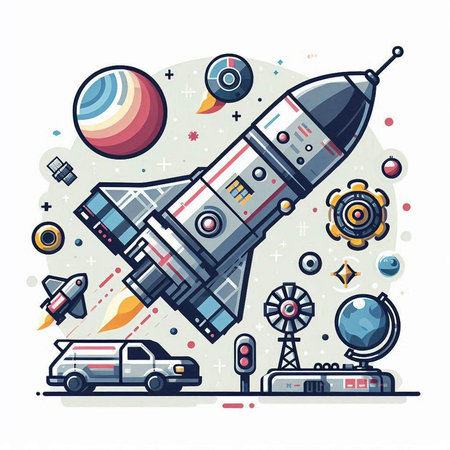 Space exploration. Vector flat illustration with rocket, spaceship, planet, car, satellite, stars and other elements.のイラスト素材