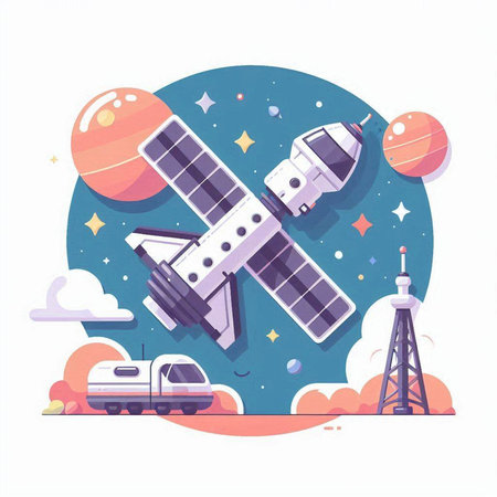 Space station flat vector illustration. Spaceship with solar panels and planets.のイラスト素材
